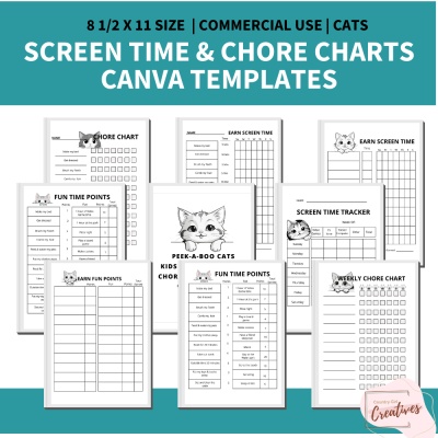 Screen Time and Chore Chart Trackers Canva Templates - Cats