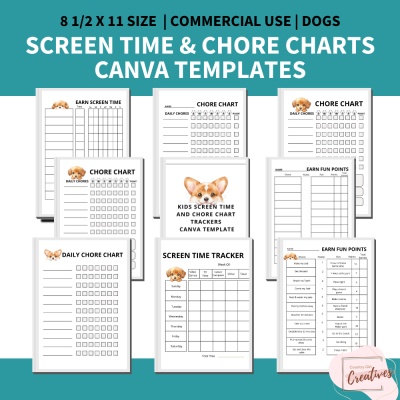 Screen Time and Chore Chart Trackers Canva Templates - Dogs