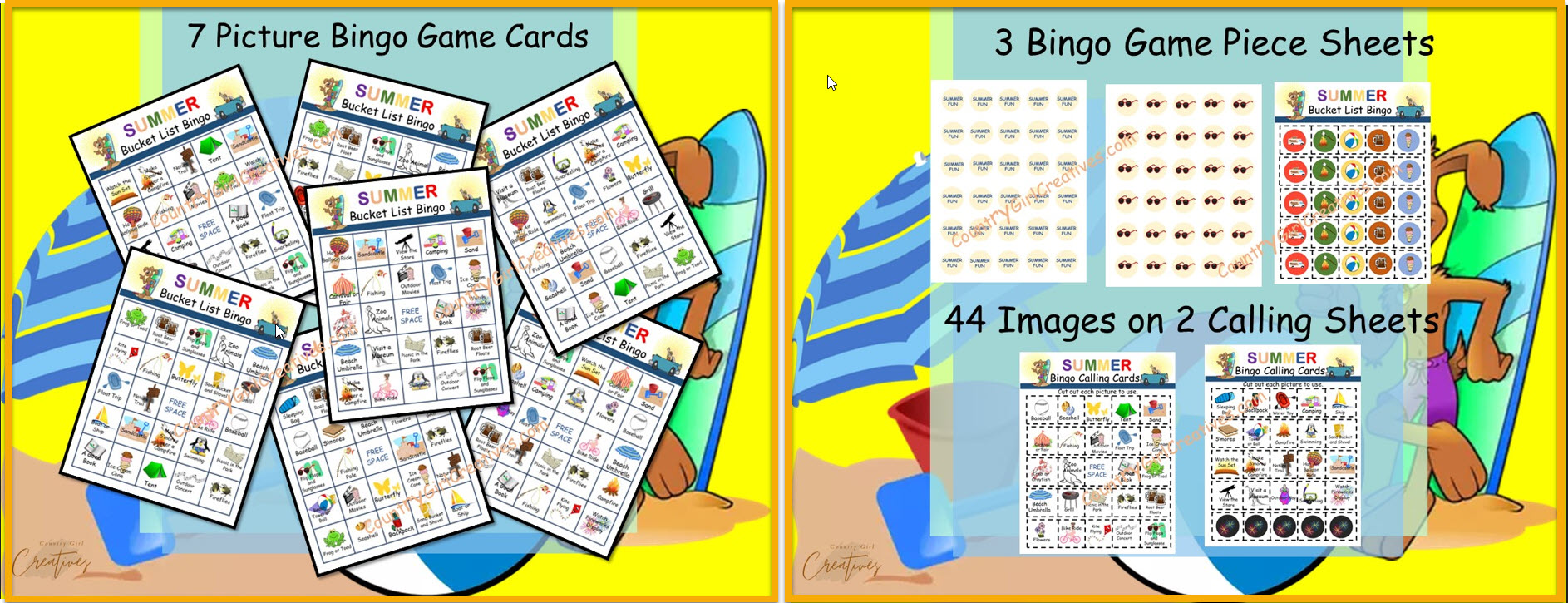 7 Bingo Summer Fun Sheets, 3 game pieces and calling cards