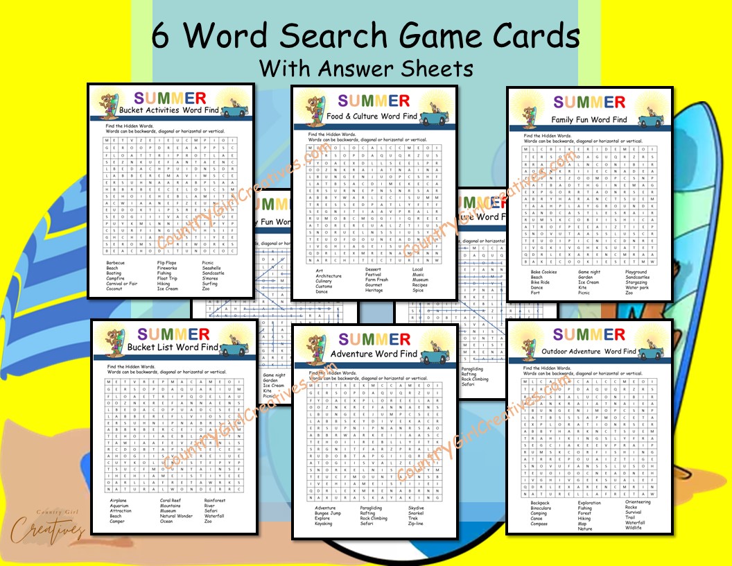 6 word search game sheets for summer fun